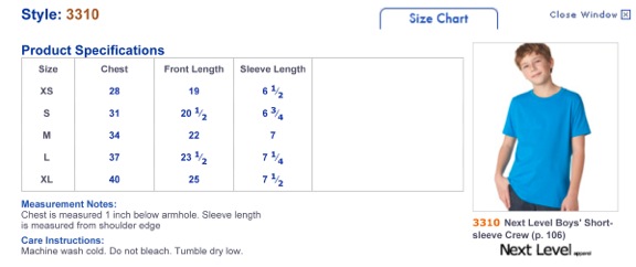 Next Level 3310 Size Chart